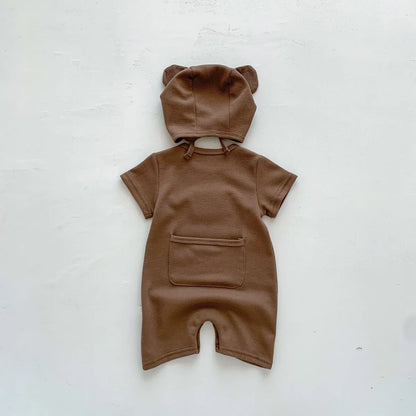 Jumpsuit en Coton avec Patch Ours et Bonnet à Oreilles – Douceur et Style pour Bébé